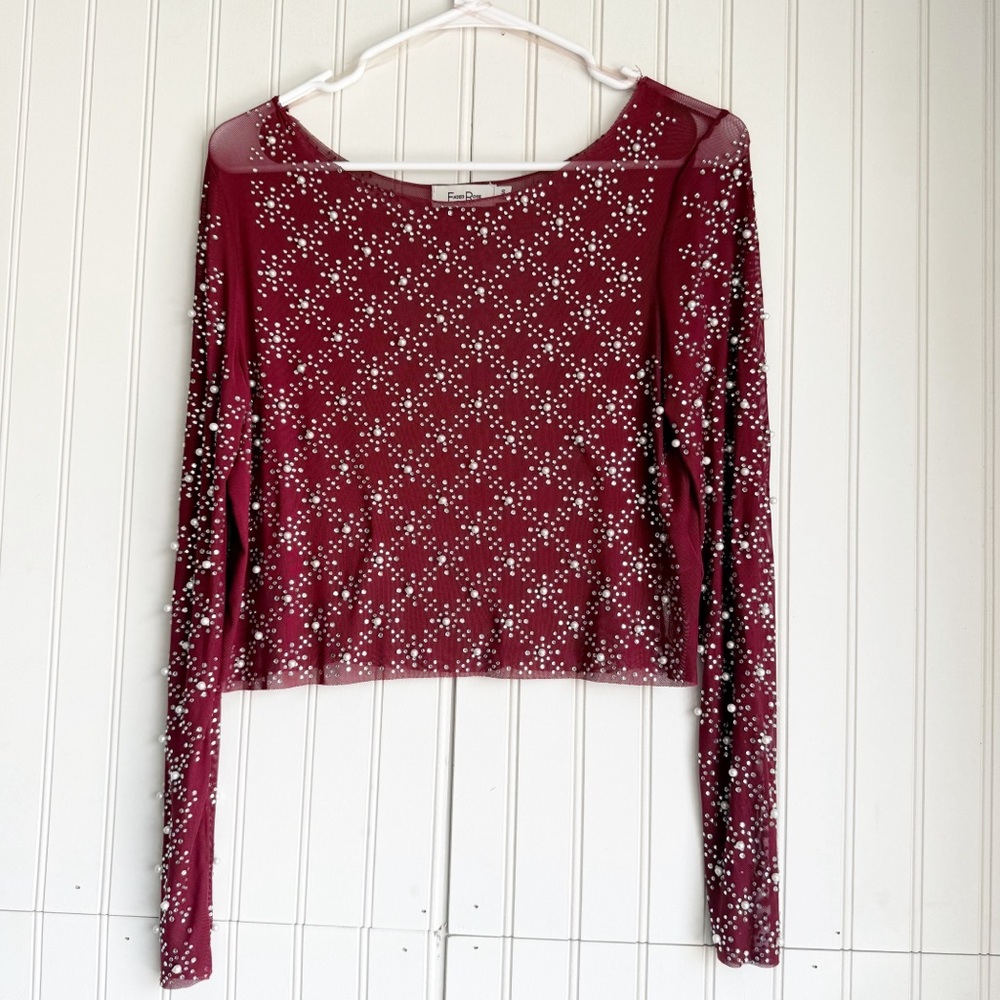 Faded Rose Size S Burgundy Long Sleeve Mesh Pearl Beaded Top Blouse